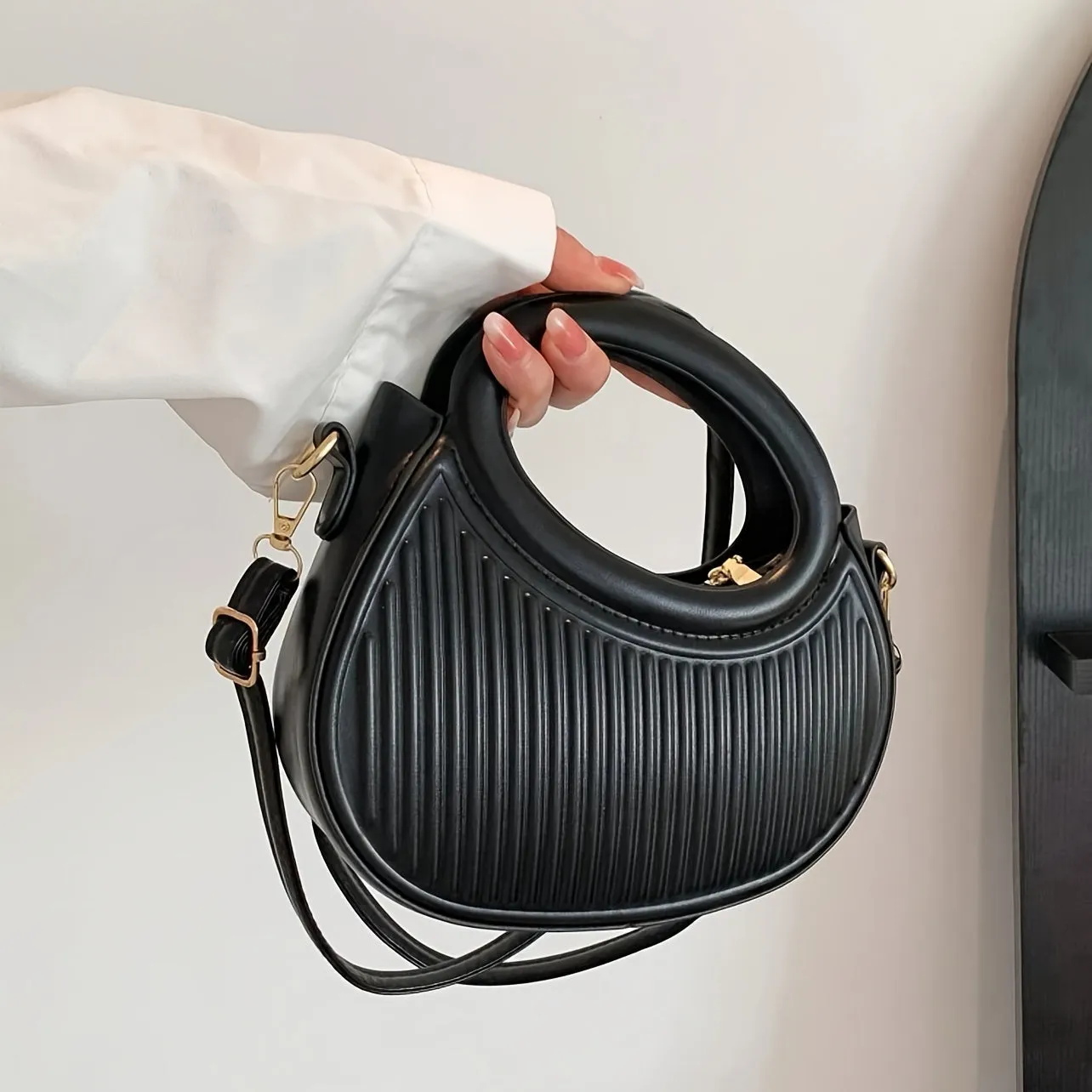 Black Striped Embossed Crossbody Bag