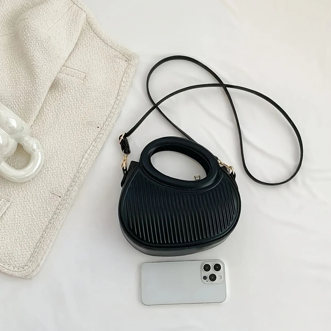 Black Striped Embossed Crossbody Bag