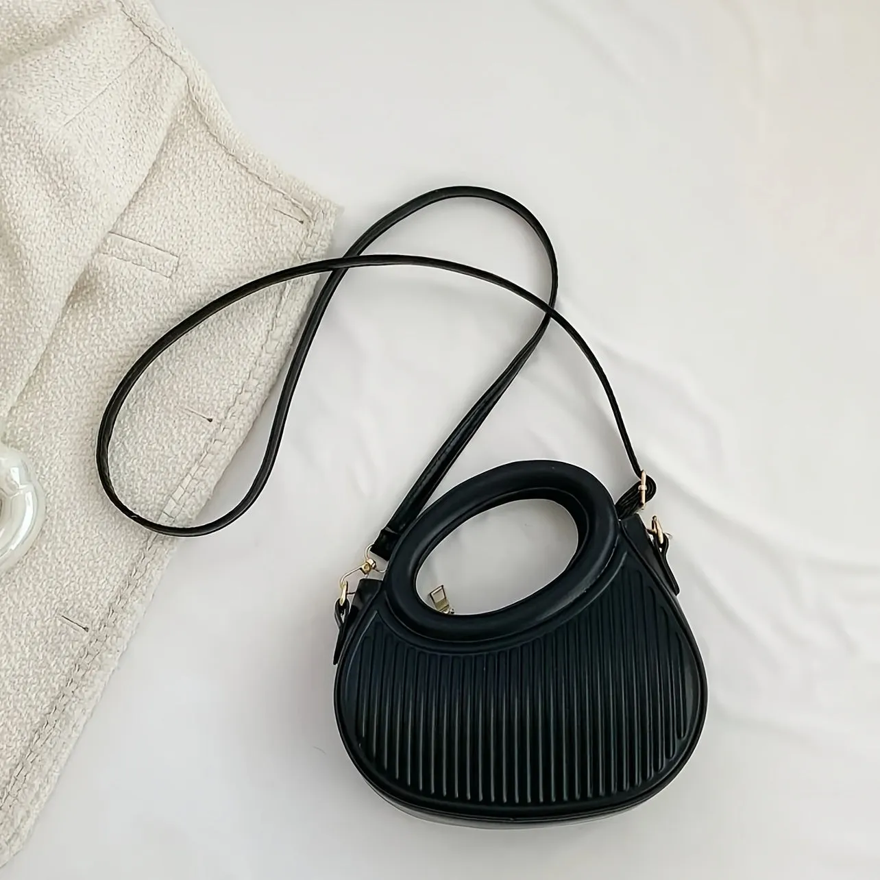 Black Striped Embossed Crossbody Bag