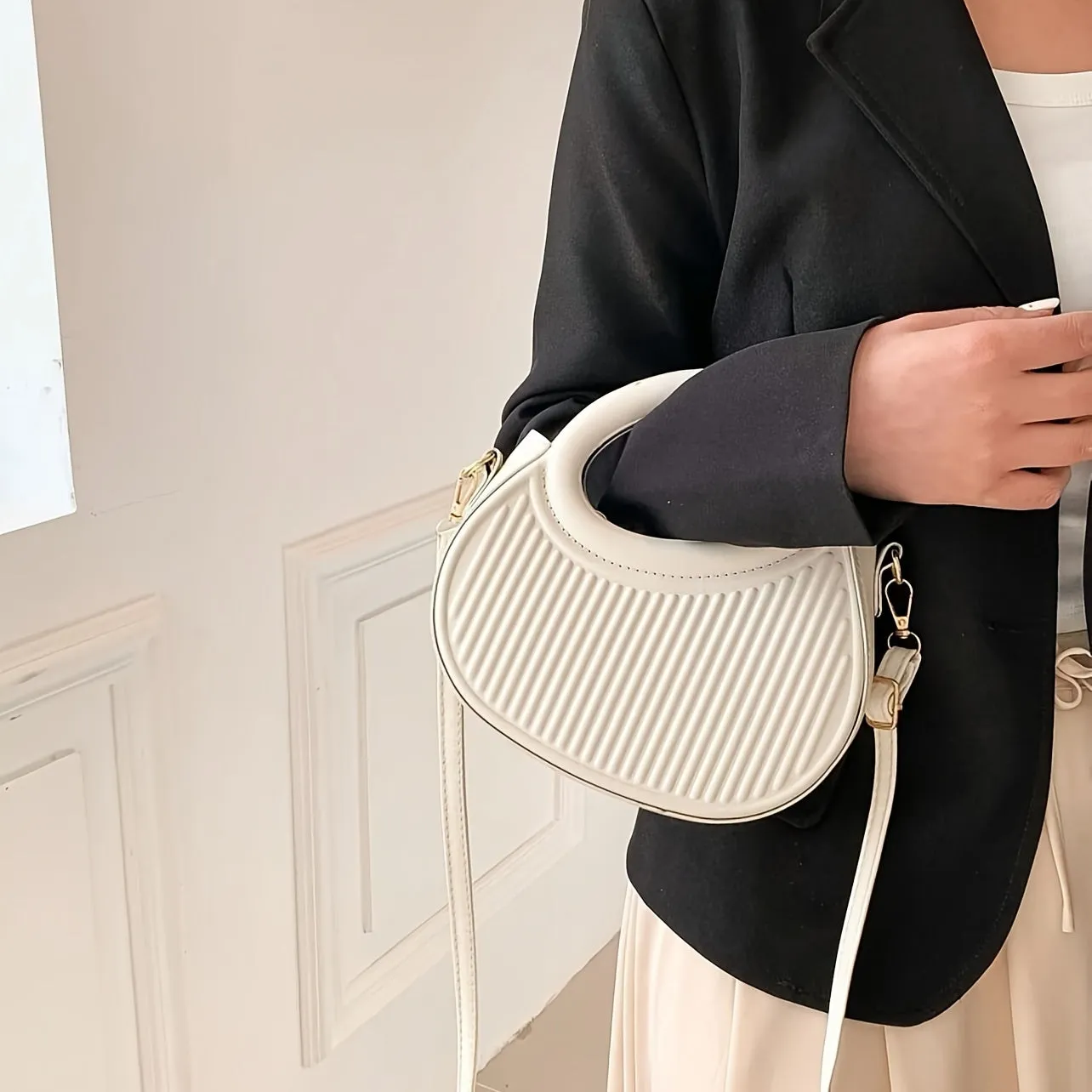 Black Striped Embossed Crossbody Bag