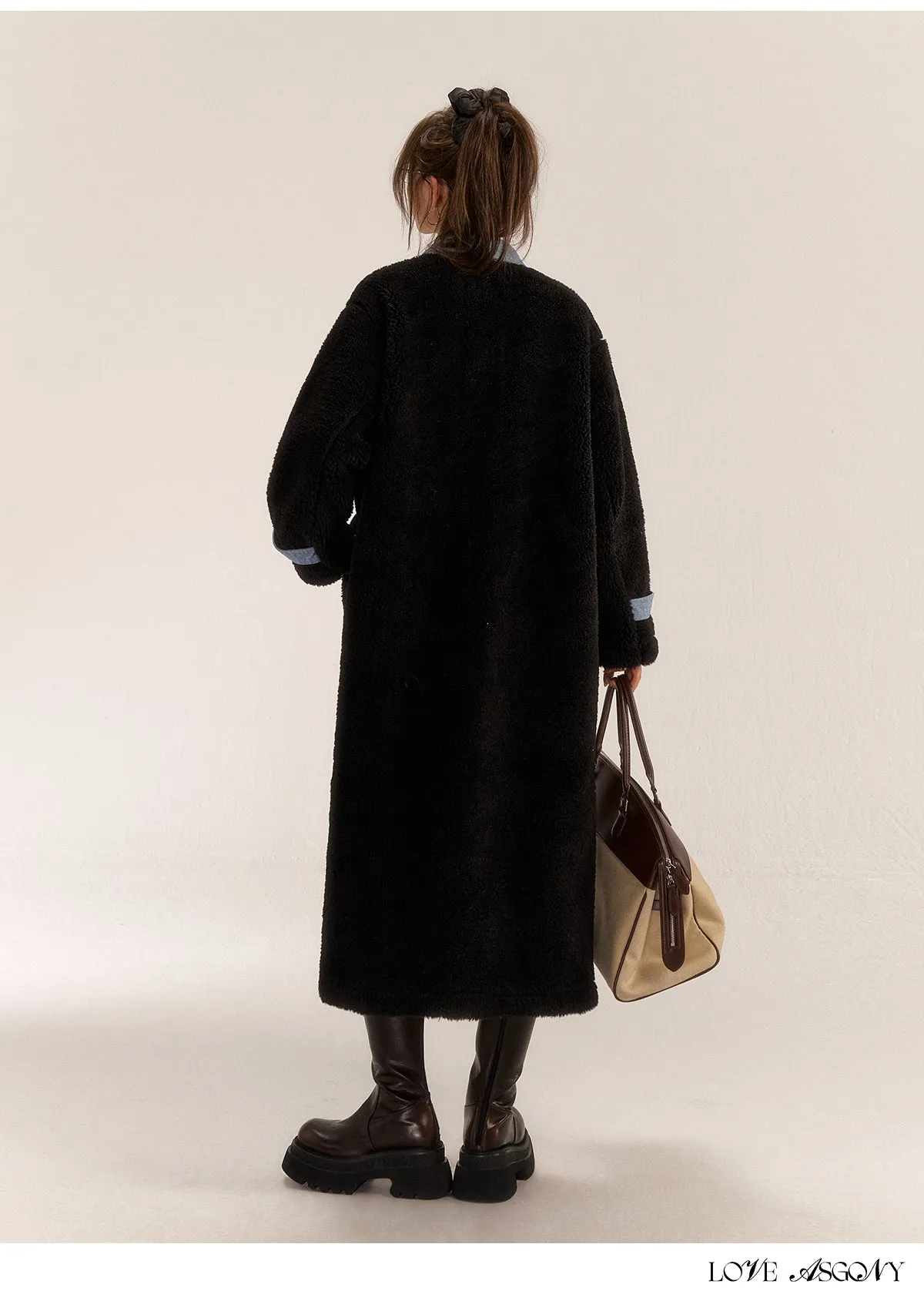 Boutique Black Pockets Denim Patchwork Faux Fur Coat Outwear Spring