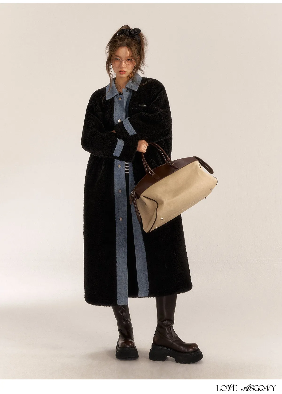 Boutique Black Pockets Denim Patchwork Faux Fur Coat Outwear Spring