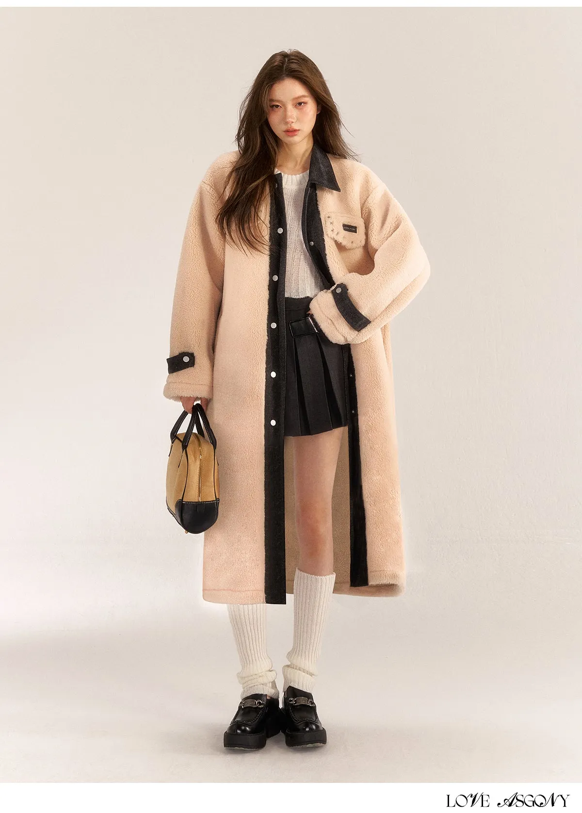 Boutique Black Pockets Denim Patchwork Faux Fur Coat Outwear Spring