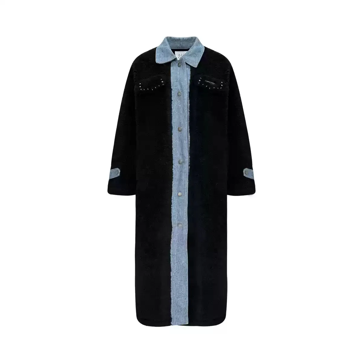Boutique Black Pockets Denim Patchwork Faux Fur Coat Outwear Spring