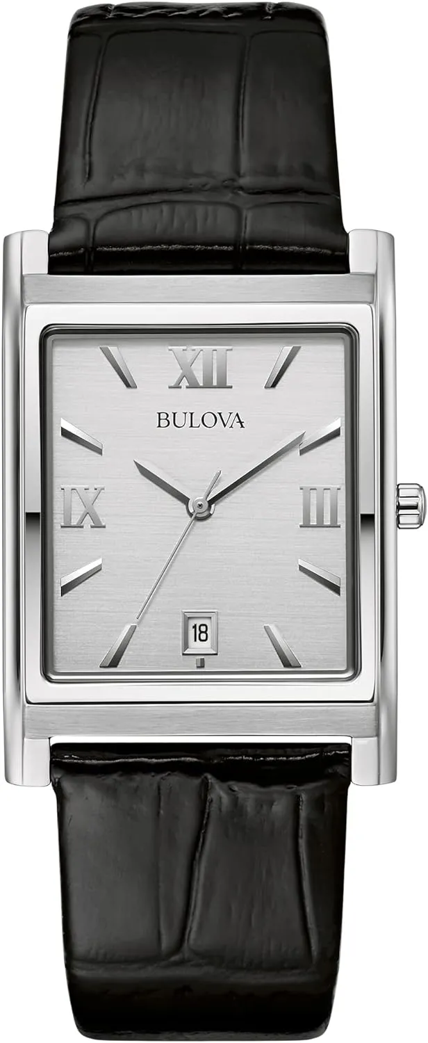 Bulova Men's Stainless Steel 3-Hand Calendar Date Quartz Watch with Black Leather Strap, Rectangle Dial Style: 96B107