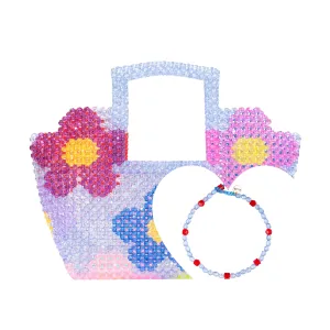 BUNDLE-Colourful Daisy Square Handle Grocery Bead Bag & Daily Wear Carnival Bead Necklace