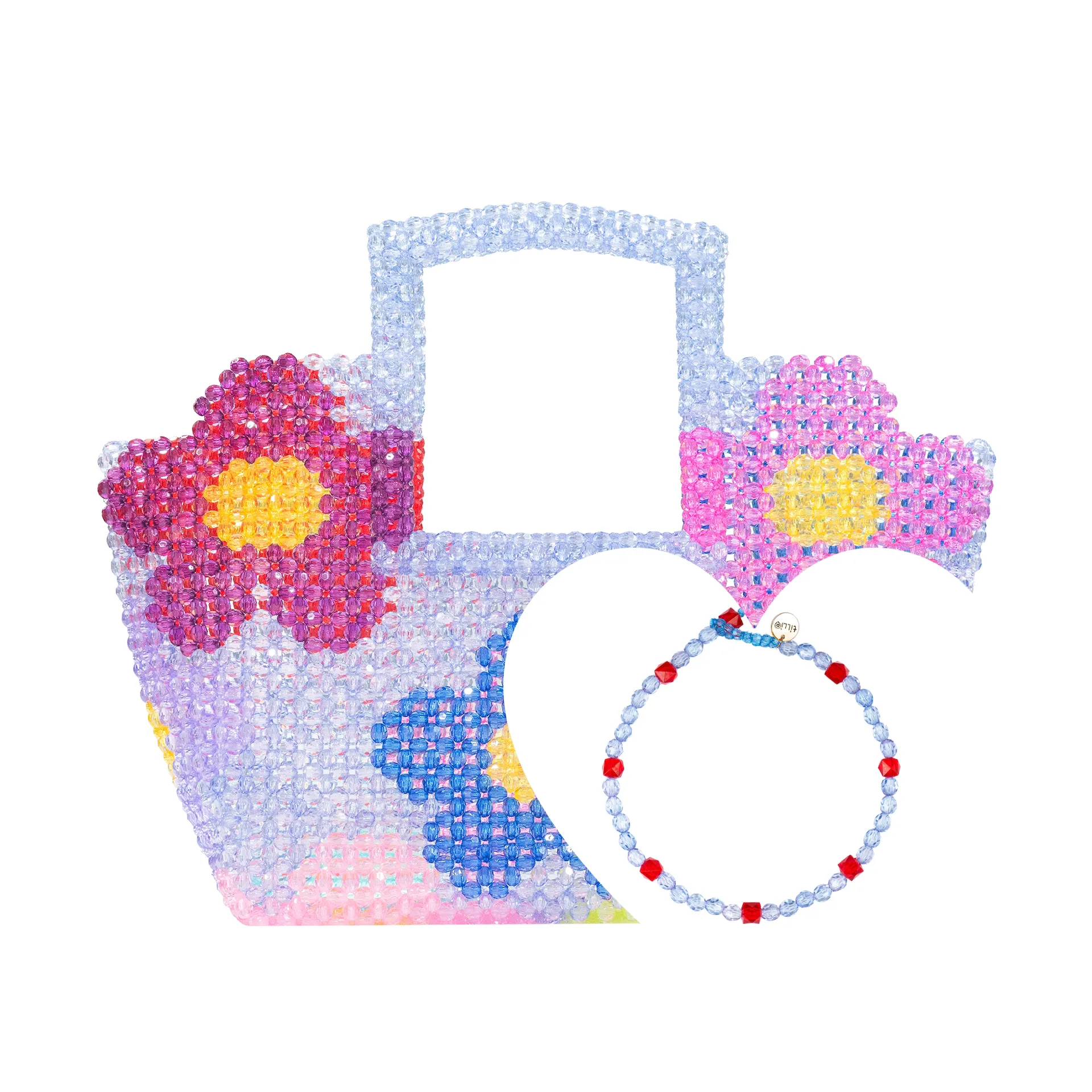 BUNDLE-Colourful Daisy Square Handle Grocery Bead Bag & Daily Wear Carnival Bead Necklace