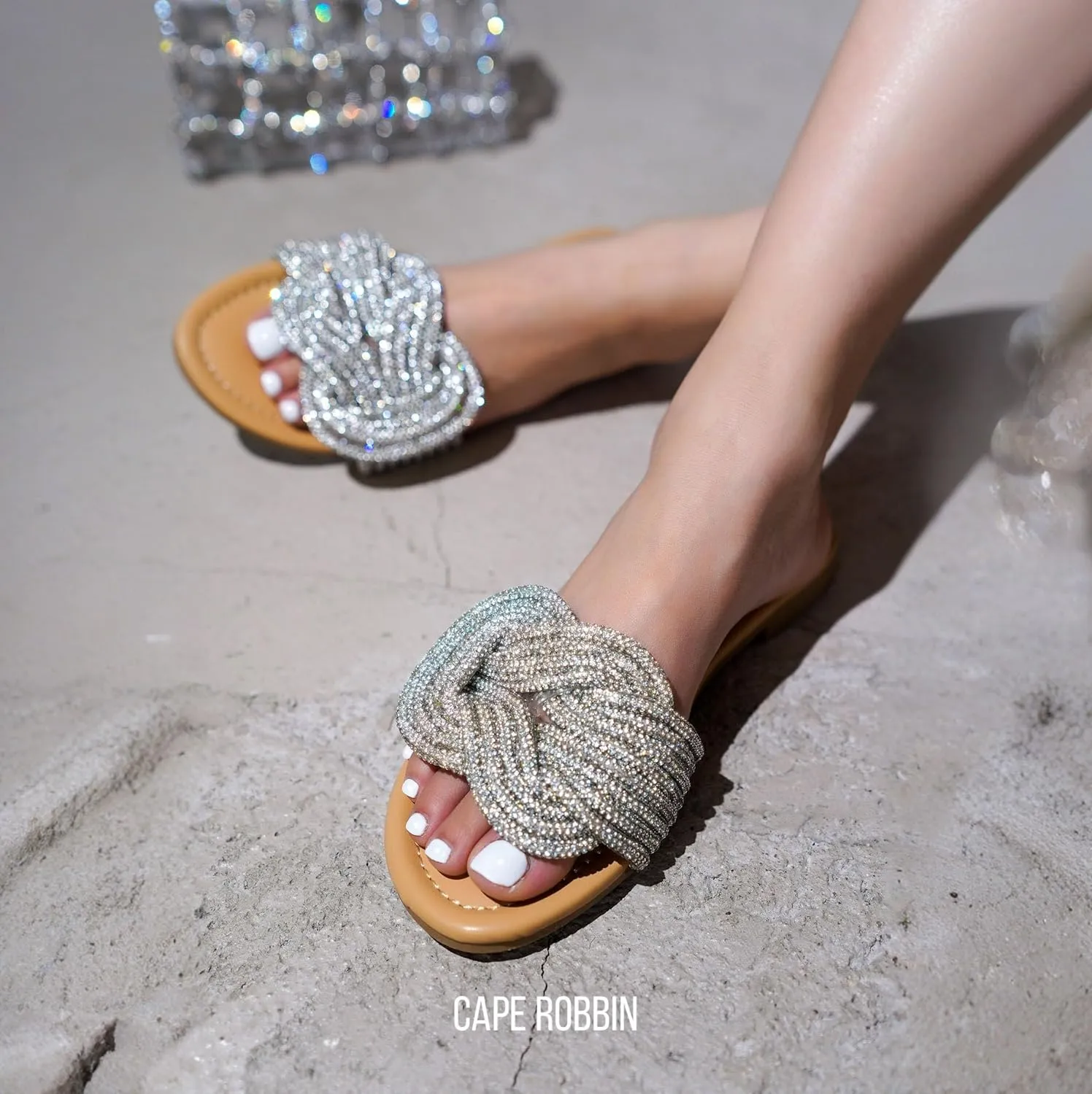 Cape Robbin Women's Open Toe Slide Sandals - Sparkly Flat Summer Dressy Sandals with Rhinestone-Embellished Knot (Jeffer)