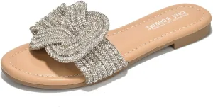 Cape Robbin Women's Open Toe Slide Sandals - Sparkly Flat Summer Dressy Sandals with Rhinestone-Embellished Knot (Jeffer)