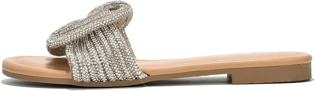 Cape Robbin Women's Open Toe Slide Sandals - Sparkly Flat Summer Dressy Sandals with Rhinestone-Embellished Knot (Jeffer)