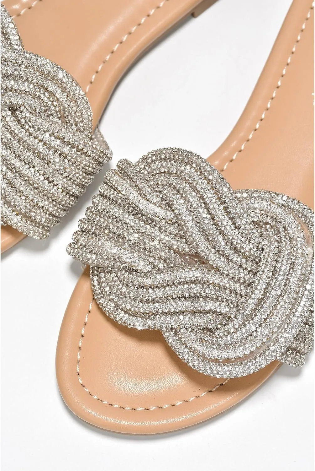 Cape Robbin Women's Open Toe Slide Sandals - Sparkly Flat Summer Dressy Sandals with Rhinestone-Embellished Knot (Jeffer)