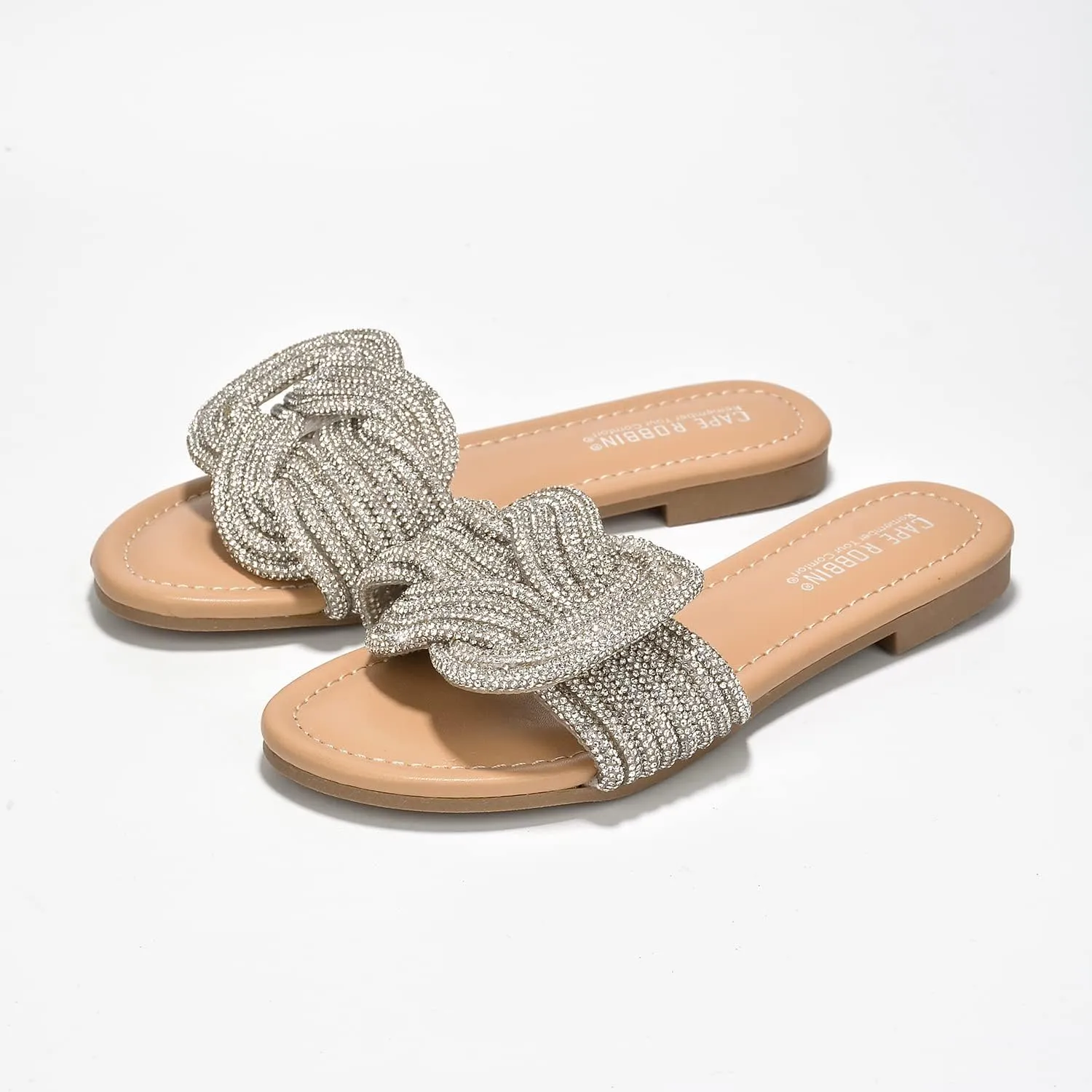 Cape Robbin Women's Open Toe Slide Sandals - Sparkly Flat Summer Dressy Sandals with Rhinestone-Embellished Knot (Jeffer)