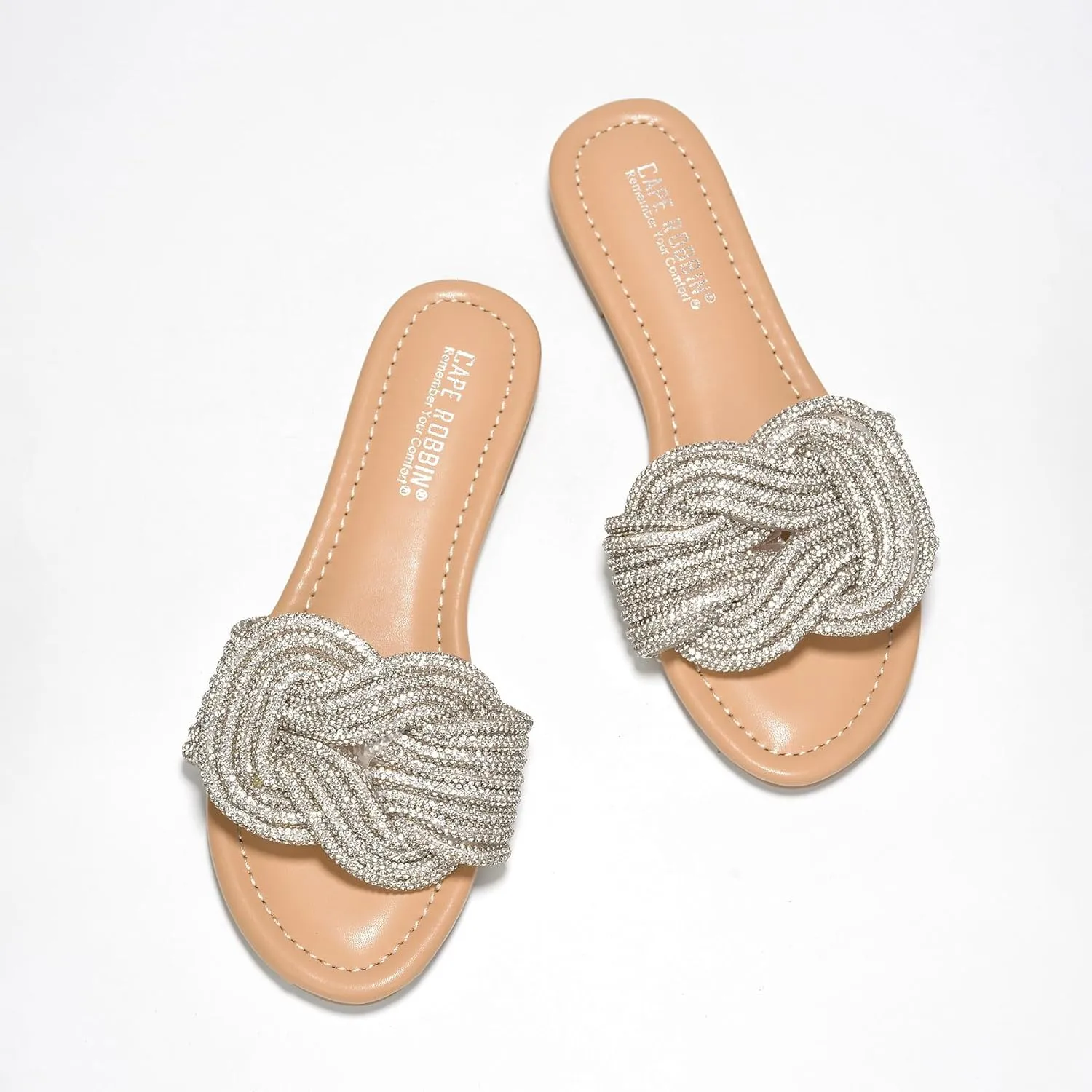 Cape Robbin Women's Open Toe Slide Sandals - Sparkly Flat Summer Dressy Sandals with Rhinestone-Embellished Knot (Jeffer)