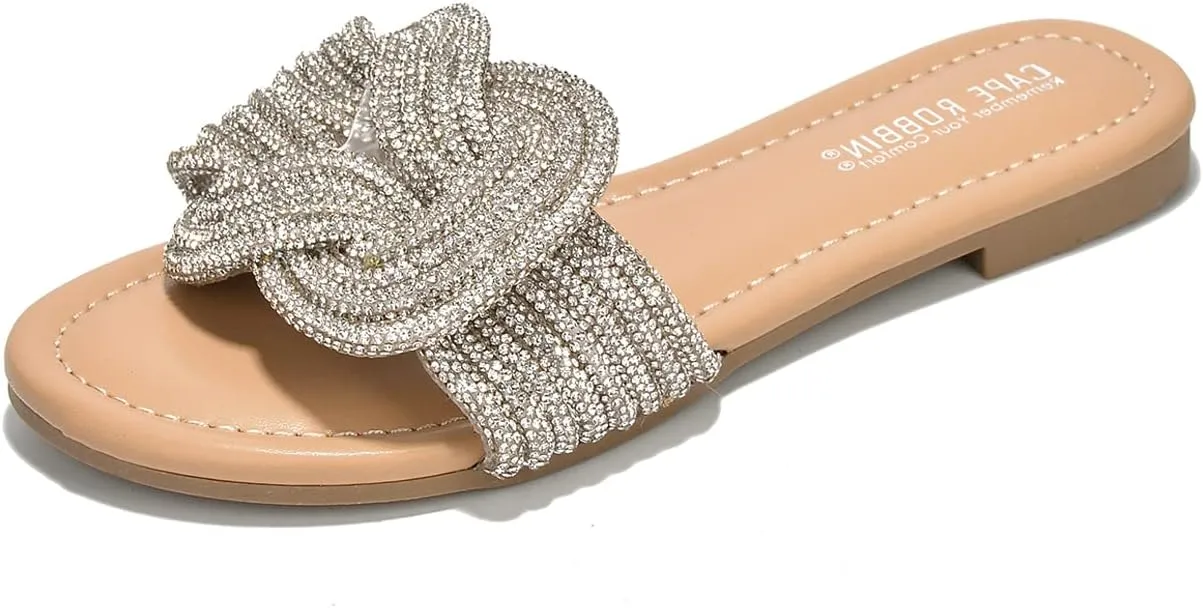 Cape Robbin Women's Open Toe Slide Sandals - Sparkly Flat Summer Dressy Sandals with Rhinestone-Embellished Knot (Jeffer)