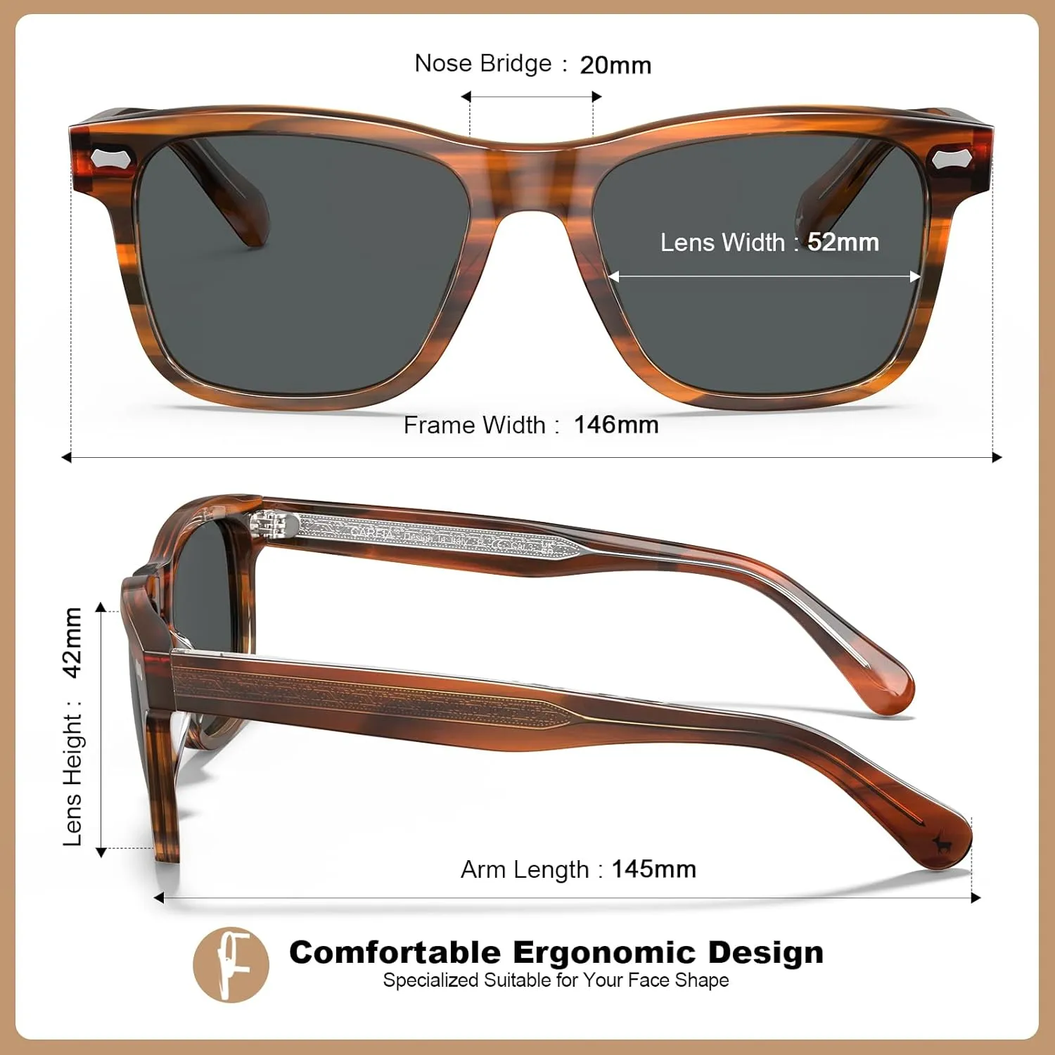 CARFIA Retro Acetate Polarized Sunglasses for Men UV Protection with Embossed Pattern Wire Core CA2301