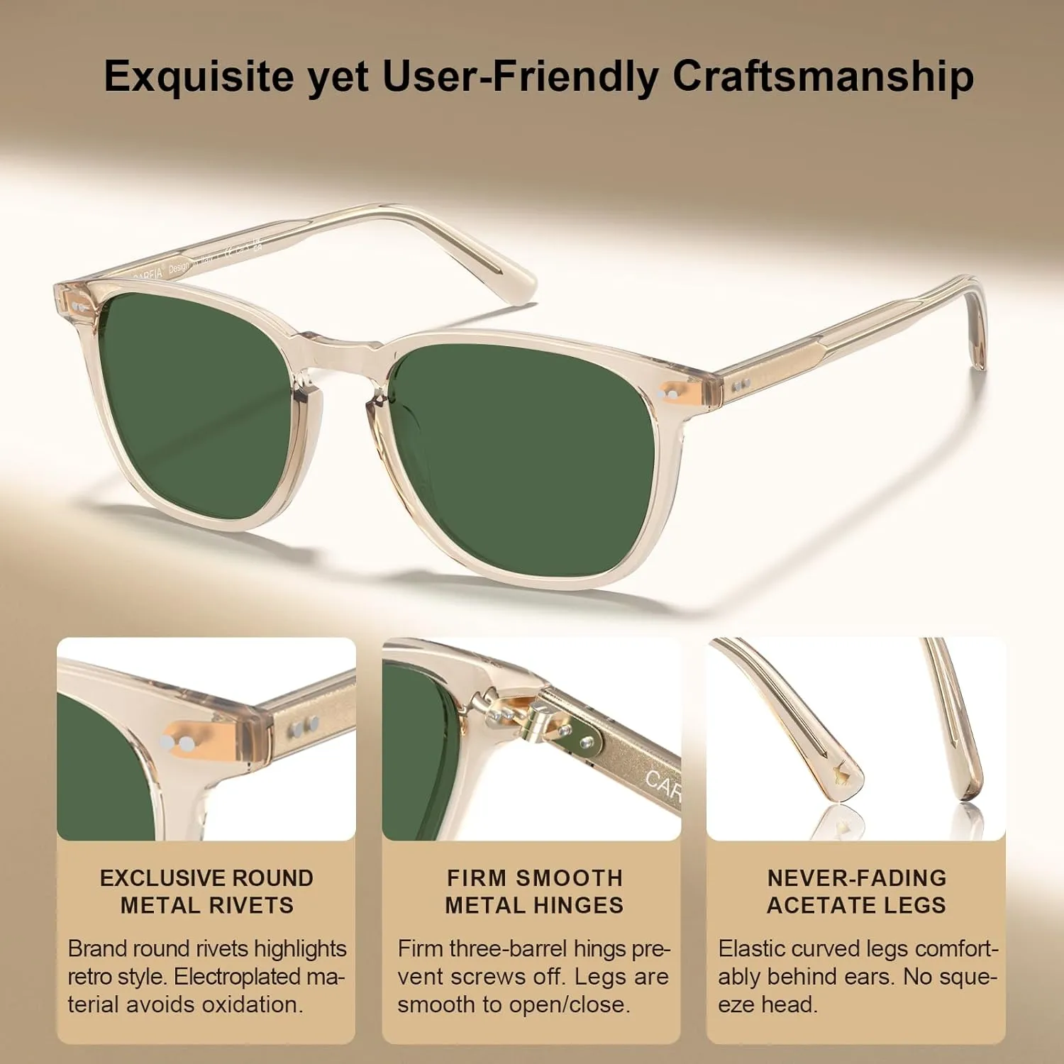CARFIA Retro Cool Acetate Polarized Sunglasses for Men UV Protection, Outdoor Fashion Driving Eyewears Male Square Sunnies