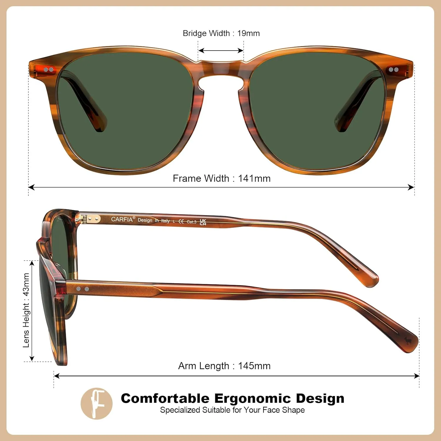 CARFIA Retro Cool Acetate Polarized Sunglasses for Men UV Protection, Outdoor Fashion Driving Eyewears Male Square Sunnies