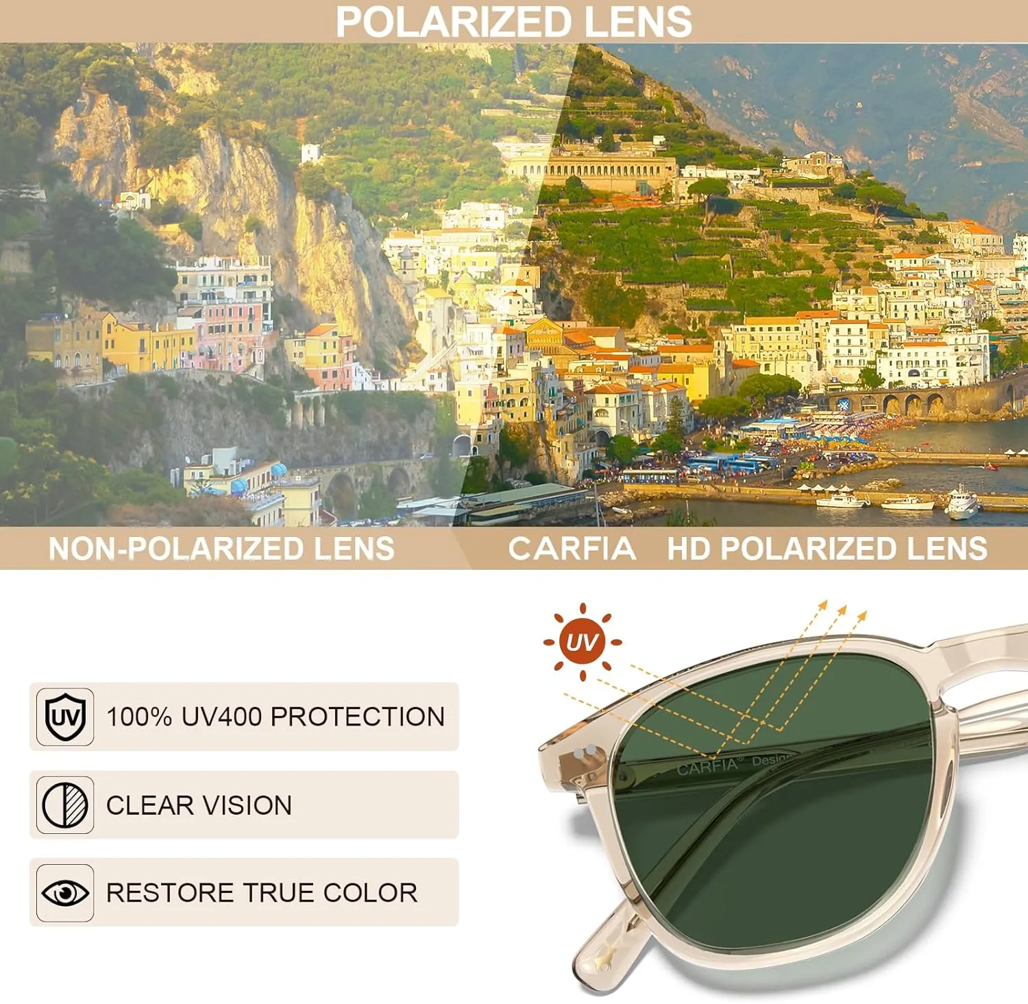 CARFIA Retro Cool Acetate Polarized Sunglasses for Men UV Protection, Outdoor Fashion Driving Eyewears Male Square Sunnies