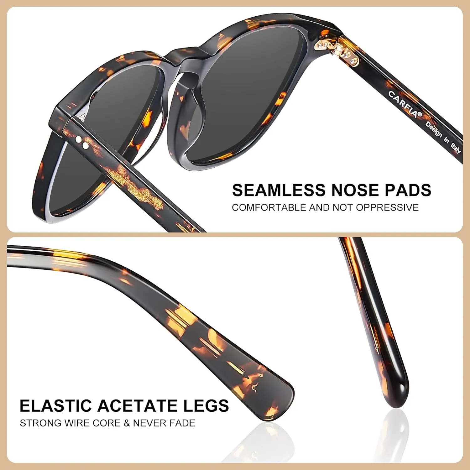 CARFIA Retro Cool Acetate Polarized Sunglasses for Men UV Protection, Outdoor Fashion Driving Eyewears Male Square Sunnies