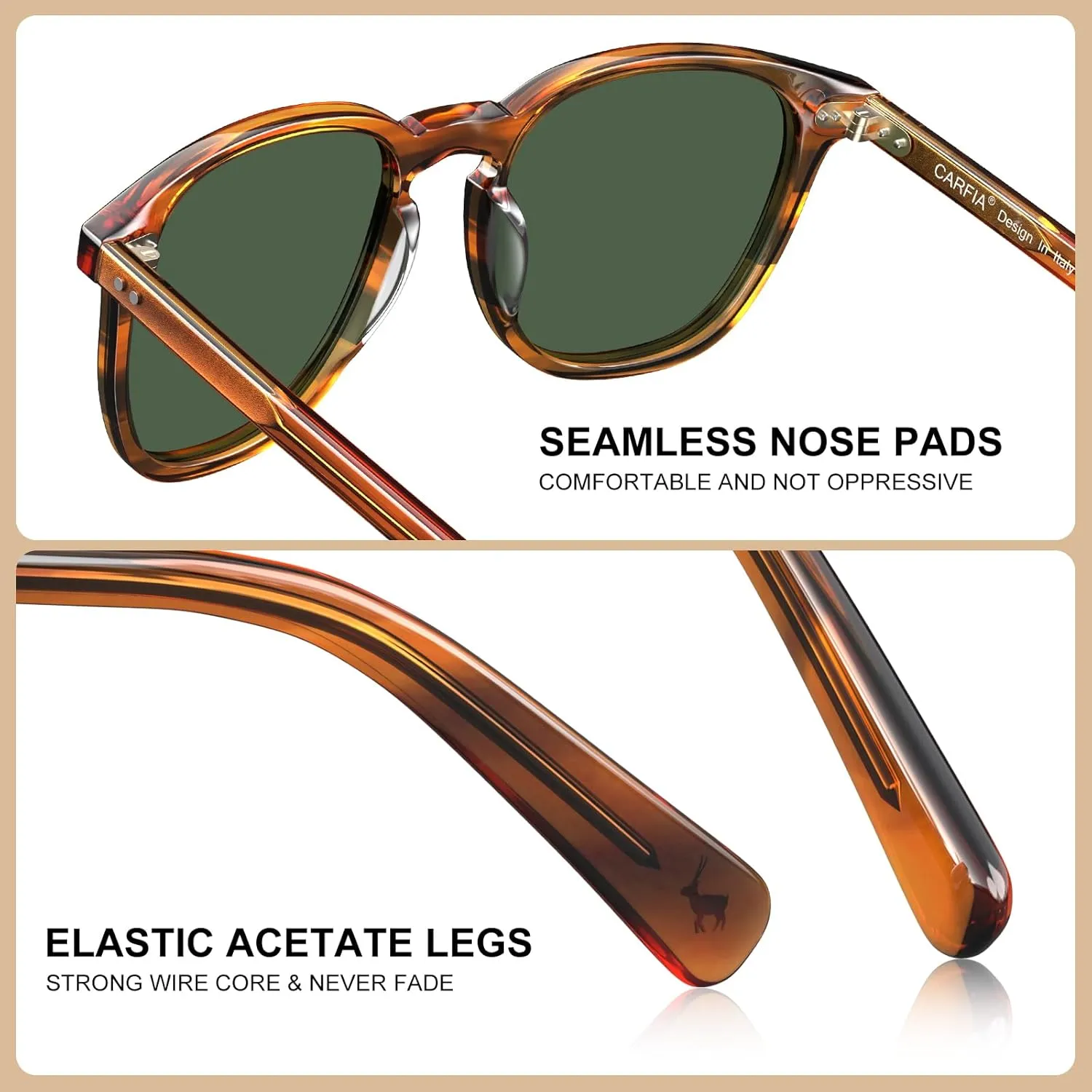 CARFIA Retro Cool Acetate Polarized Sunglasses for Men UV Protection, Outdoor Fashion Driving Eyewears Male Square Sunnies