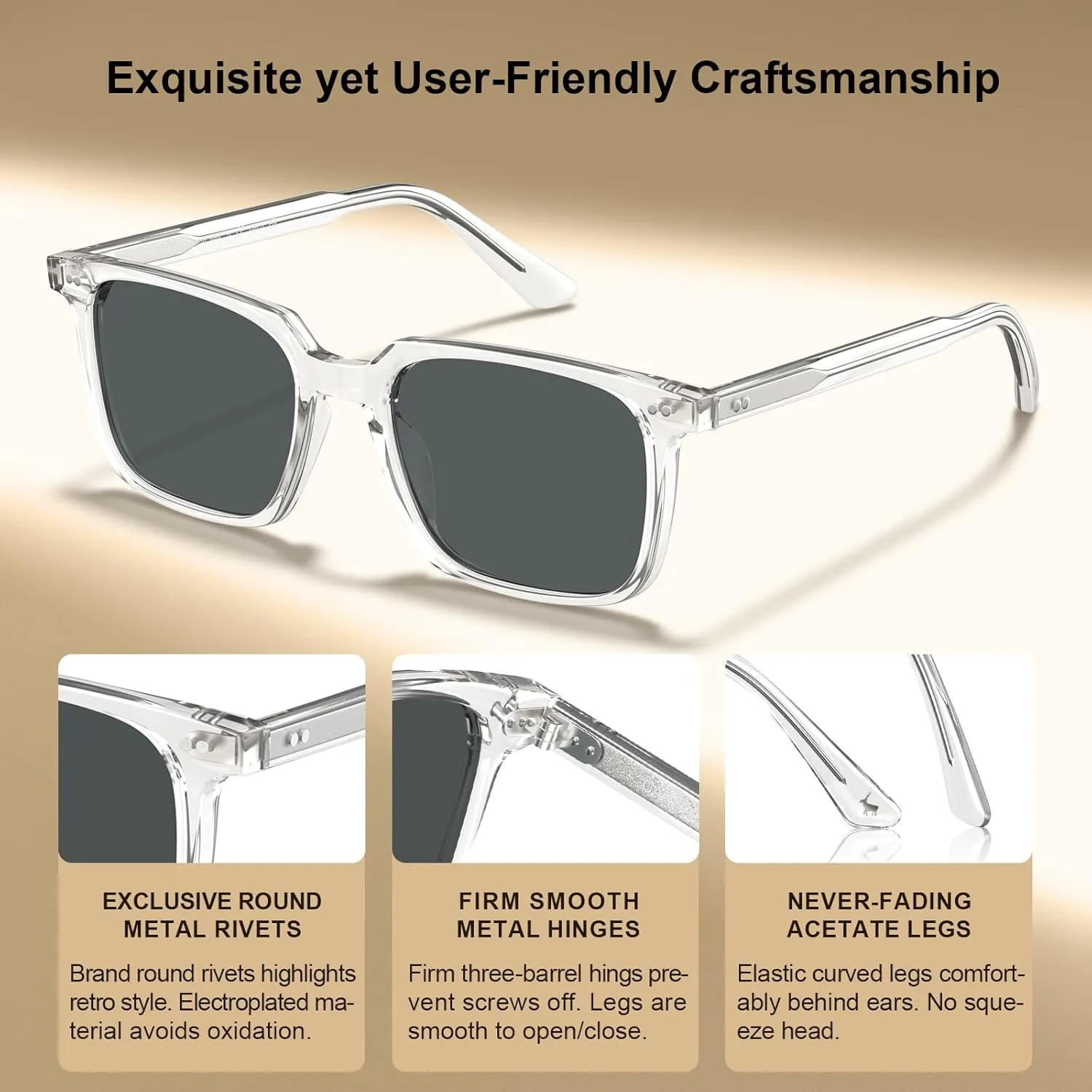 CARFIA Retro Cool Acetate Sunglasses for Men Polarized UV Protection, Trendy Square Male Sunnies Outdoor Driving Eyewears