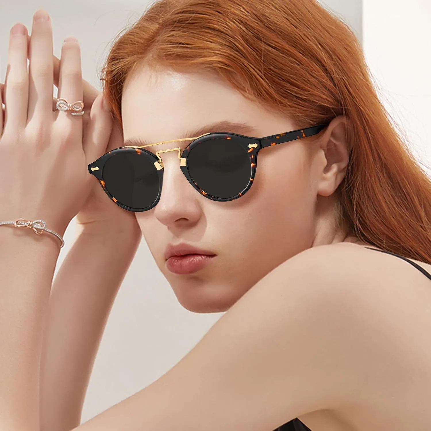 CARFIA Small Face Acetate Double Bridge Sunglasses for Women Polarized UV Protection, Retro Metal Brow Eyewears Round Sunnies