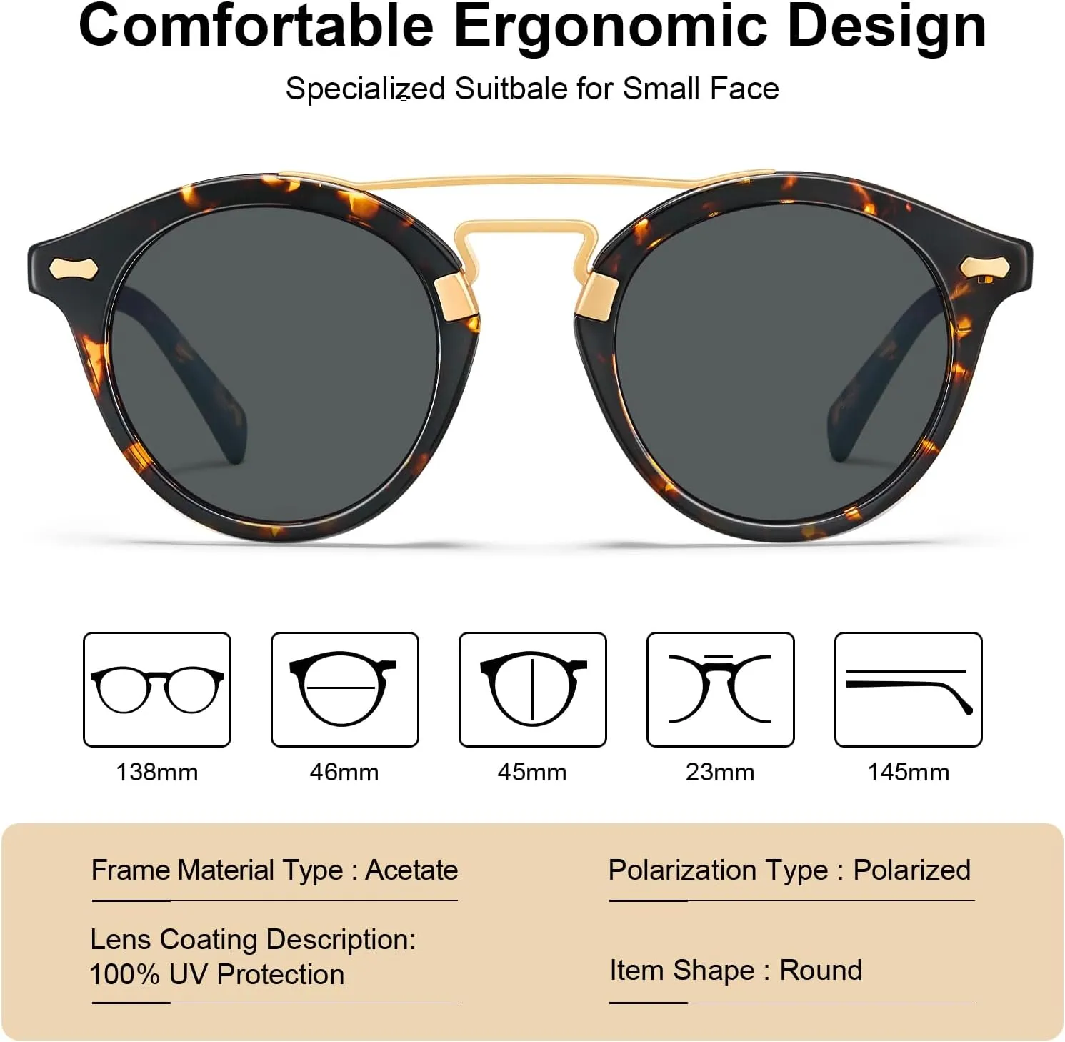 CARFIA Small Face Acetate Double Bridge Sunglasses for Women Polarized UV Protection, Retro Metal Brow Eyewears Round Sunnies