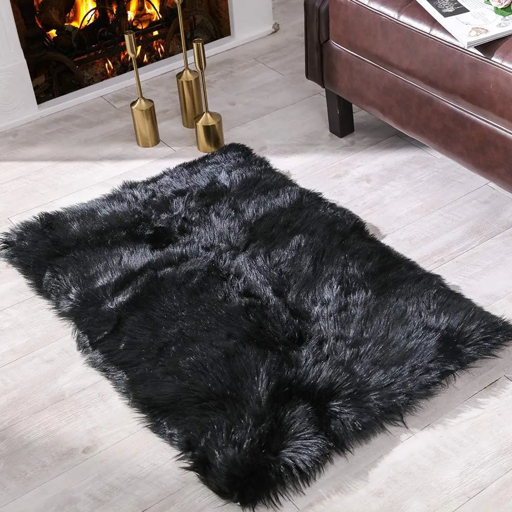 Carvapet Fluffy Shaggy Soft Faux Sheepskin Fur Area Rugs Floor Mat Chair Sofa Cover Beside Carpet for Bedroom Living Room, 2ft x 3ft, Black