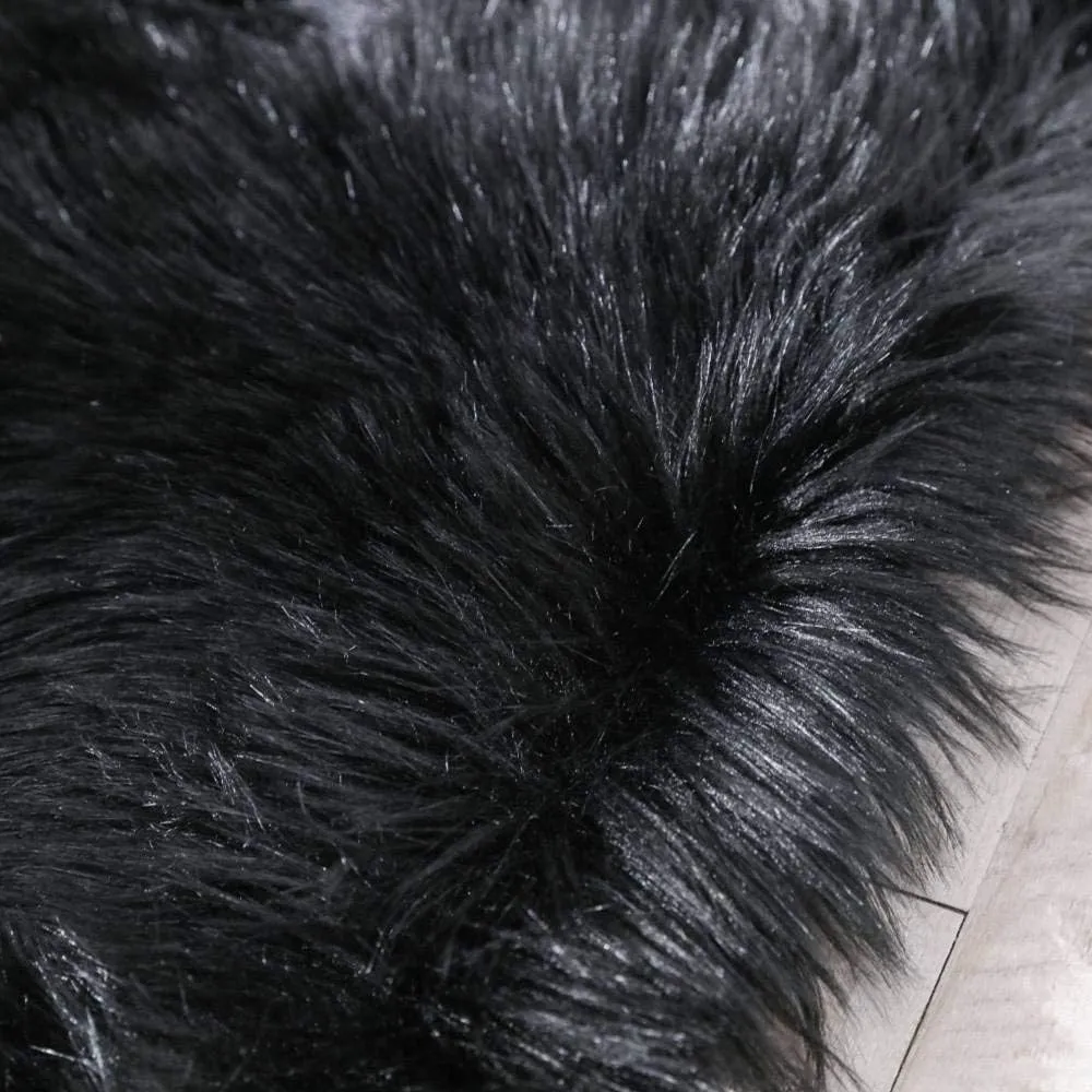 Carvapet Fluffy Shaggy Soft Faux Sheepskin Fur Area Rugs Floor Mat Chair Sofa Cover Beside Carpet for Bedroom Living Room, 2ft x 3ft, Black
