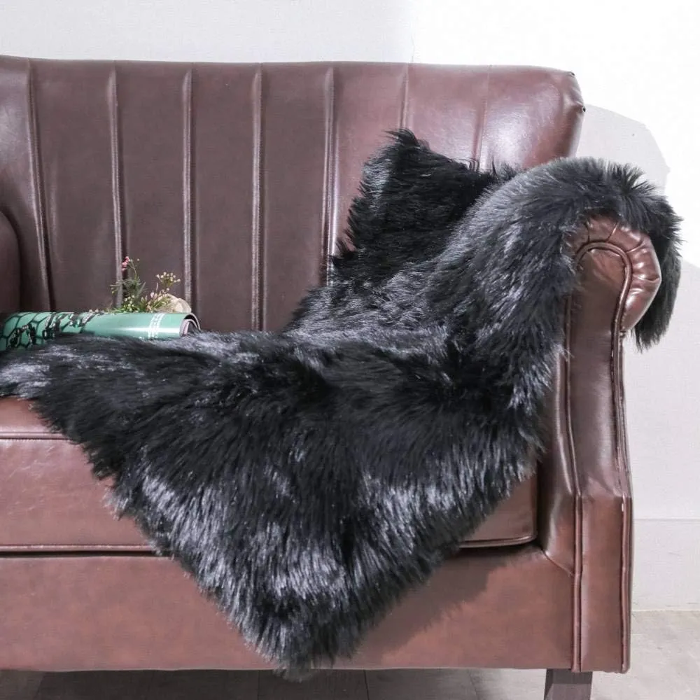 Carvapet Fluffy Shaggy Soft Faux Sheepskin Fur Area Rugs Floor Mat Chair Sofa Cover Beside Carpet for Bedroom Living Room, 2ft x 3ft, Black