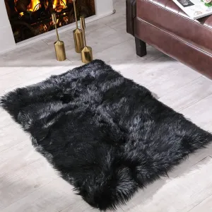 Carvapet Fluffy Shaggy Soft Faux Sheepskin Fur Area Rugs Floor Mat Chair Sofa Cover Beside Carpet for Bedroom Living Room, 2ft x 3ft, Black