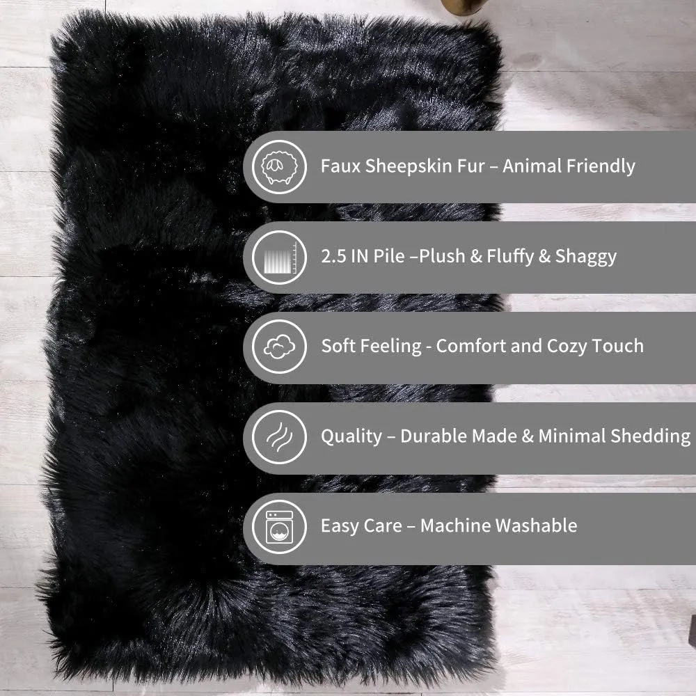 Carvapet Fluffy Shaggy Soft Faux Sheepskin Fur Area Rugs Floor Mat Chair Sofa Cover Beside Carpet for Bedroom Living Room, 2ft x 3ft, Black