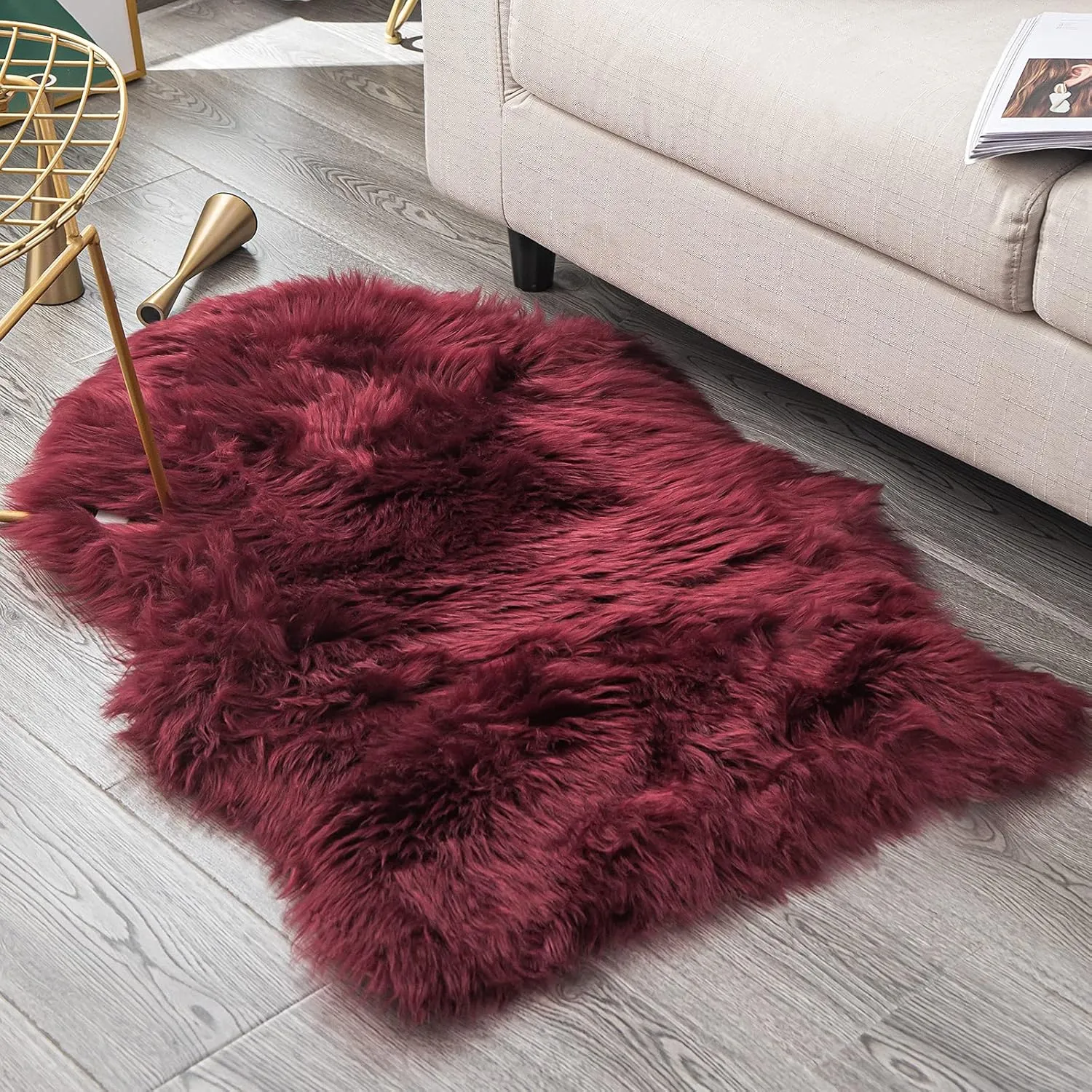 Carvapet Luxury Soft Faux Sheepskin Fur Chair Couch Cover Area Rug Bedroom Floor Sofa Living Room (2 x 3 ft, Burgundy)