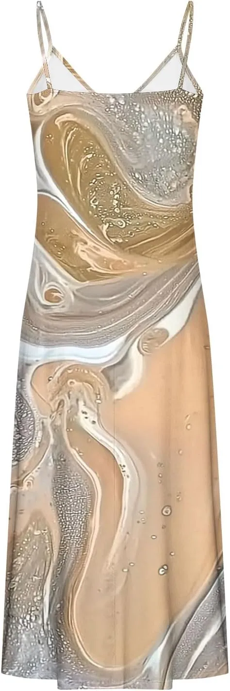 Casual Maxi Skirts for Women Summer Flower Prints A-line Long Dress Comfy Straps V Neck Dresses Daily Outdoor Wear