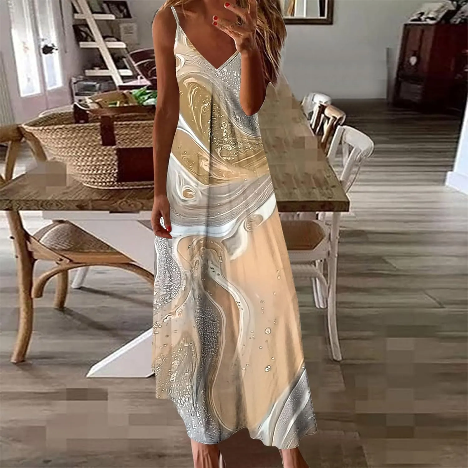 Casual Maxi Skirts for Women Summer Flower Prints A-line Long Dress Comfy Straps V Neck Dresses Daily Outdoor Wear