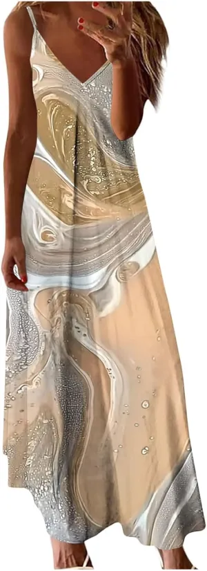 Casual Maxi Skirts for Women Summer Flower Prints A-line Long Dress Comfy Straps V Neck Dresses Daily Outdoor Wear