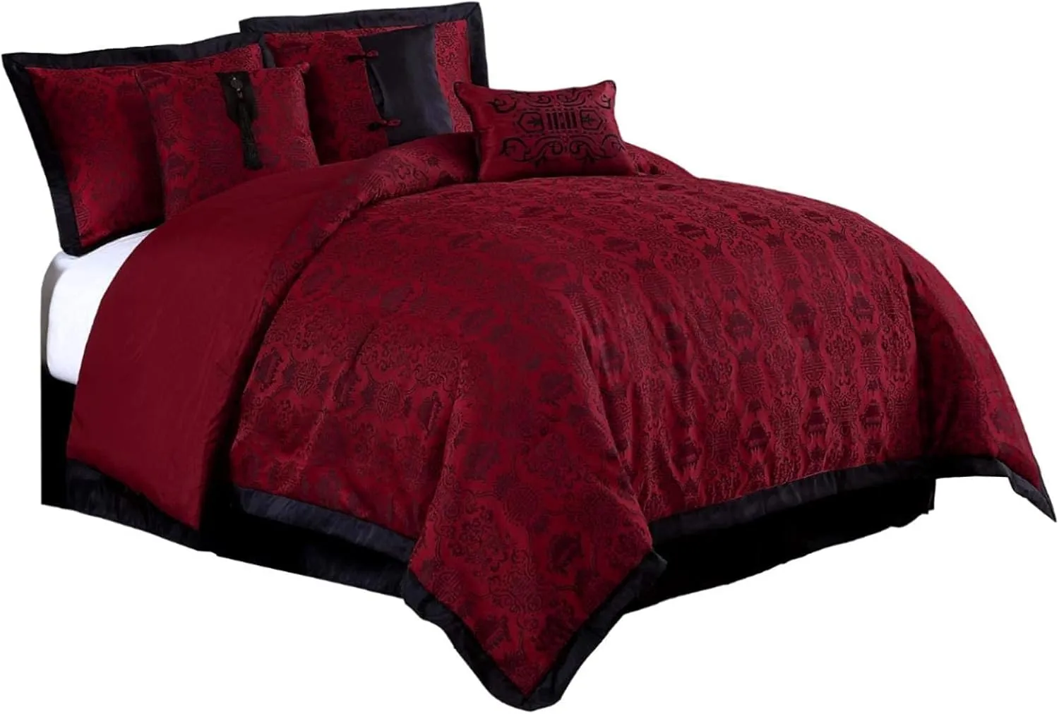 Chezmoi Collection Noble 7-Piece Oriental Red Black Jacquard Comforter Set, King Size