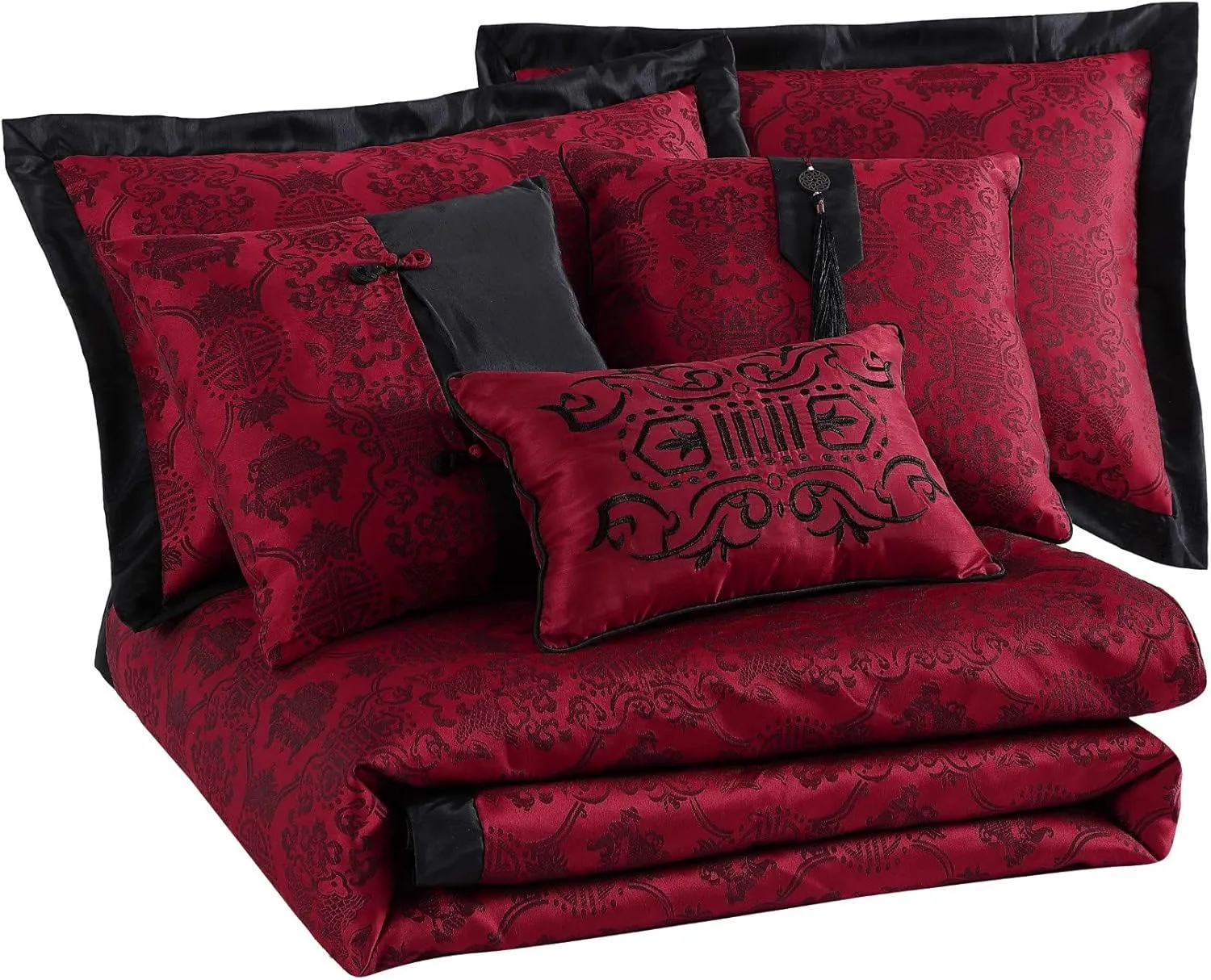 Chezmoi Collection Noble 7-Piece Oriental Red Black Jacquard Comforter Set, King Size