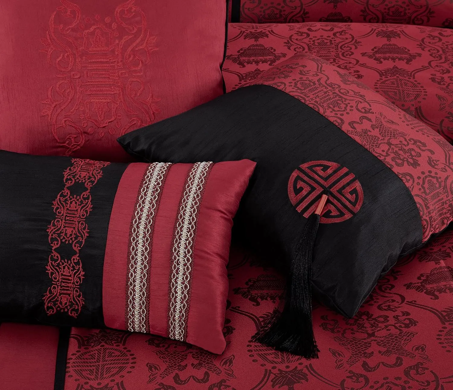 Chezmoi Collection Tai 7-Piece Red Black Oriental Traditional Jacquard Comforter Set, King Size