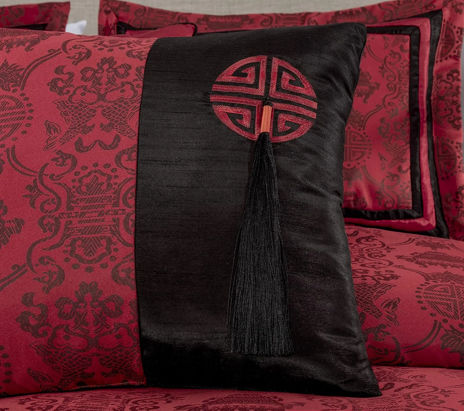 Chezmoi Collection Tai 7-Piece Red Black Oriental Traditional Jacquard Comforter Set, King Size