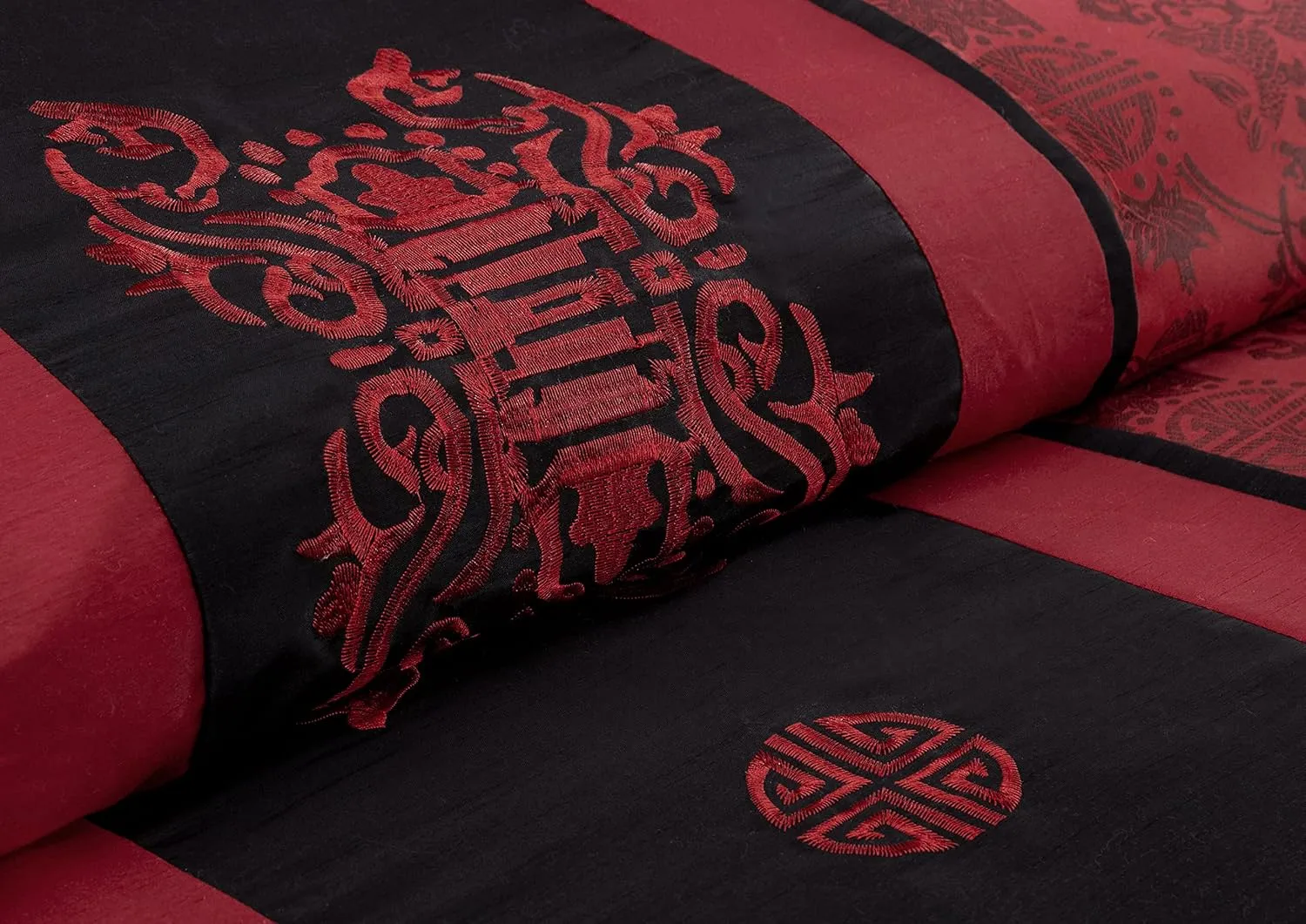 Chezmoi Collection Tai 7-Piece Red Black Oriental Traditional Jacquard Comforter Set, King Size
