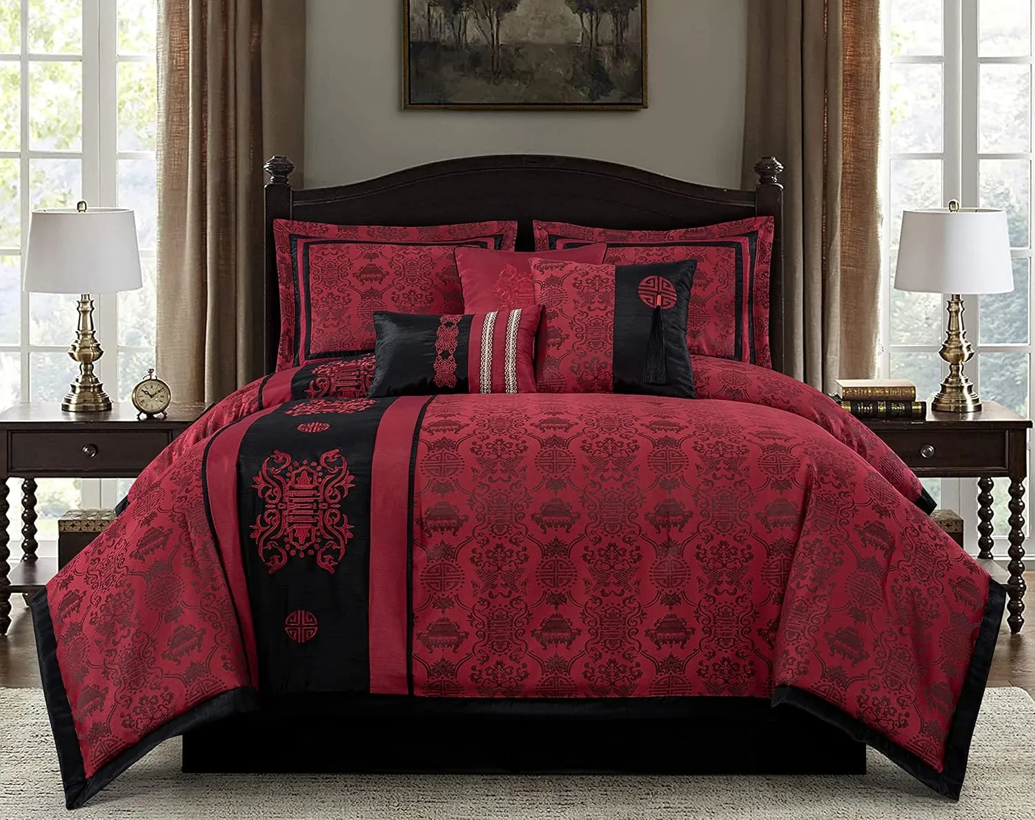 Chezmoi Collection Tai 7-Piece Red Black Oriental Traditional Jacquard Comforter Set, King Size