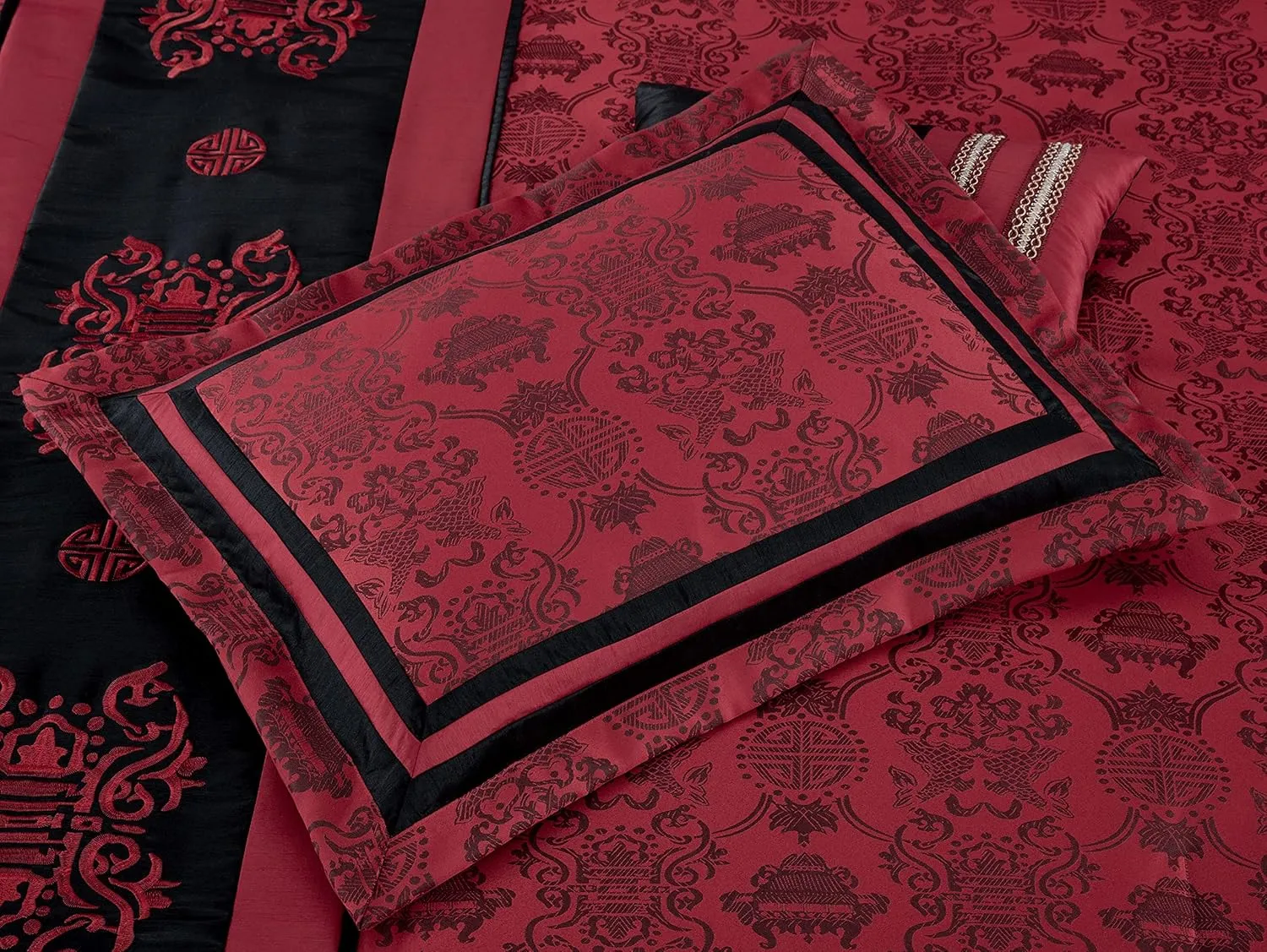Chezmoi Collection Tai 7-Piece Red Black Oriental Traditional Jacquard Comforter Set, King Size