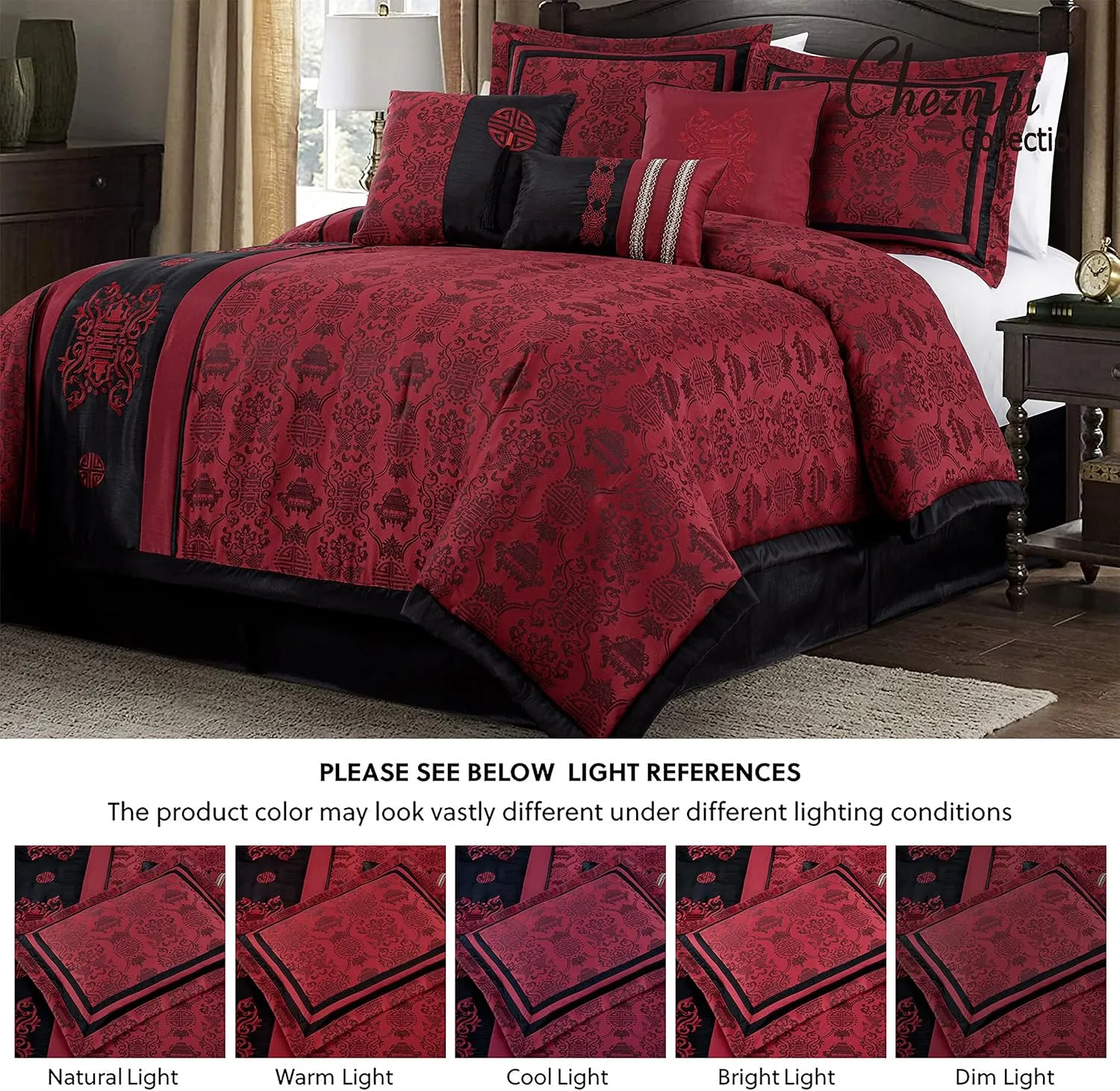 Chezmoi Collection Tai 7-Piece Red Black Oriental Traditional Jacquard Comforter Set, King Size