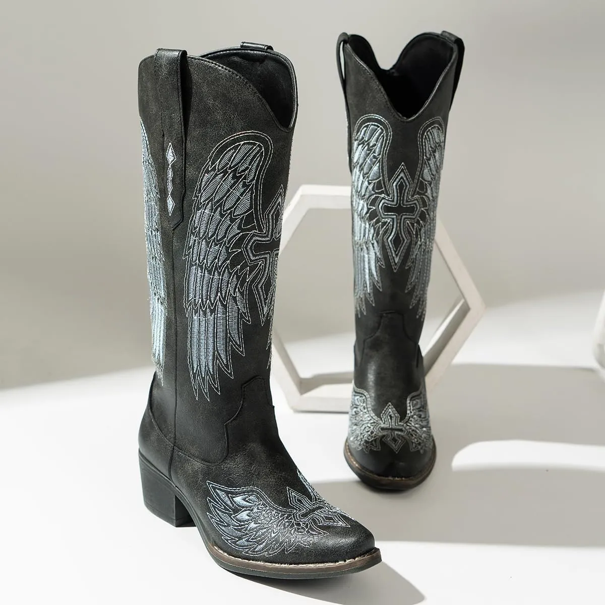 Chic Women's Embroidered Western Cowboy Boots – Angel Wings Design, Slip-On Mid-Calf Boots with Chunky Heel, Vintage Cowgirl Boots for Rodeo, Casual & Party Wear