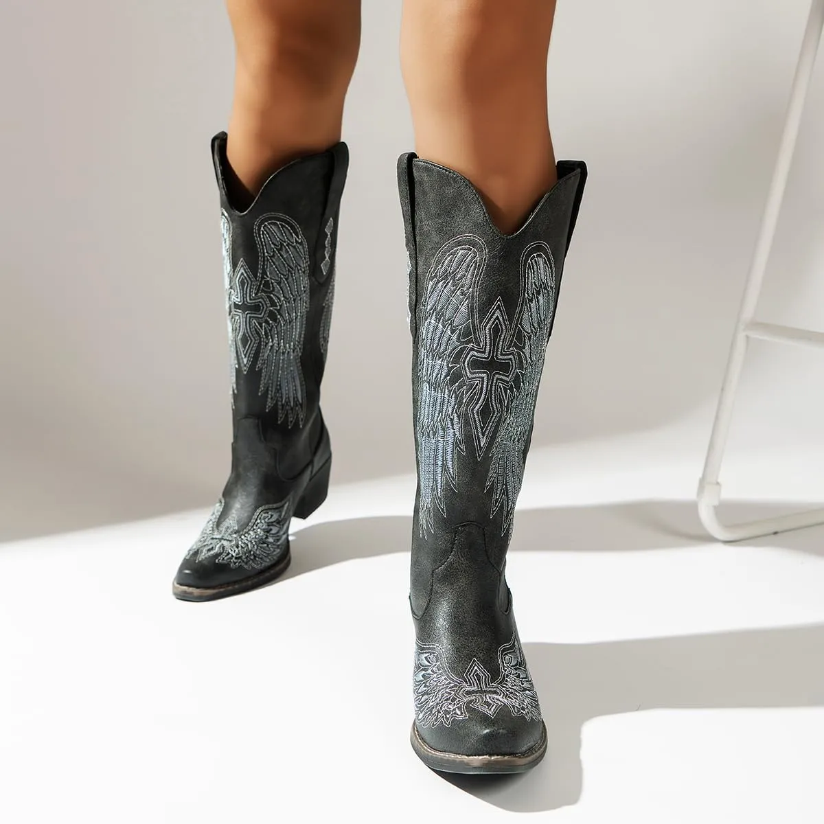 Chic Women's Embroidered Western Cowboy Boots – Angel Wings Design, Slip-On Mid-Calf Boots with Chunky Heel, Vintage Cowgirl Boots for Rodeo, Casual & Party Wear