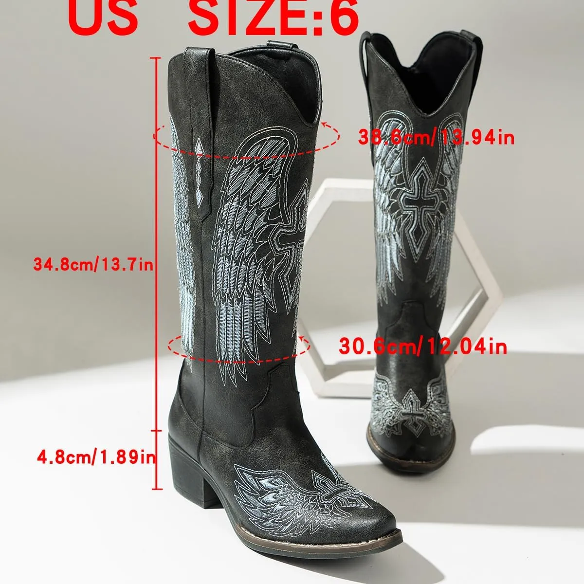 Chic Women's Embroidered Western Cowboy Boots – Angel Wings Design, Slip-On Mid-Calf Boots with Chunky Heel, Vintage Cowgirl Boots for Rodeo, Casual & Party Wear