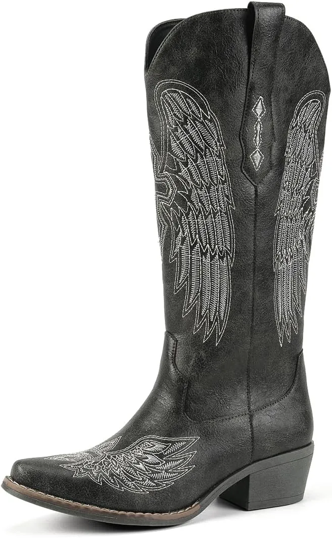 Chic Women's Embroidered Western Cowboy Boots – Angel Wings Design, Slip-On Mid-Calf Boots with Chunky Heel, Vintage Cowgirl Boots for Rodeo, Casual & Party Wear