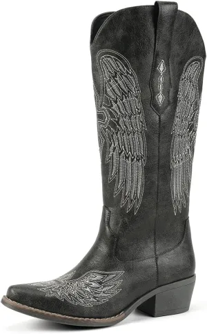 Chic Women's Embroidered Western Cowboy Boots – Angel Wings Design, Slip-On Mid-Calf Boots with Chunky Heel, Vintage Cowgirl Boots for Rodeo, Casual & Party Wear