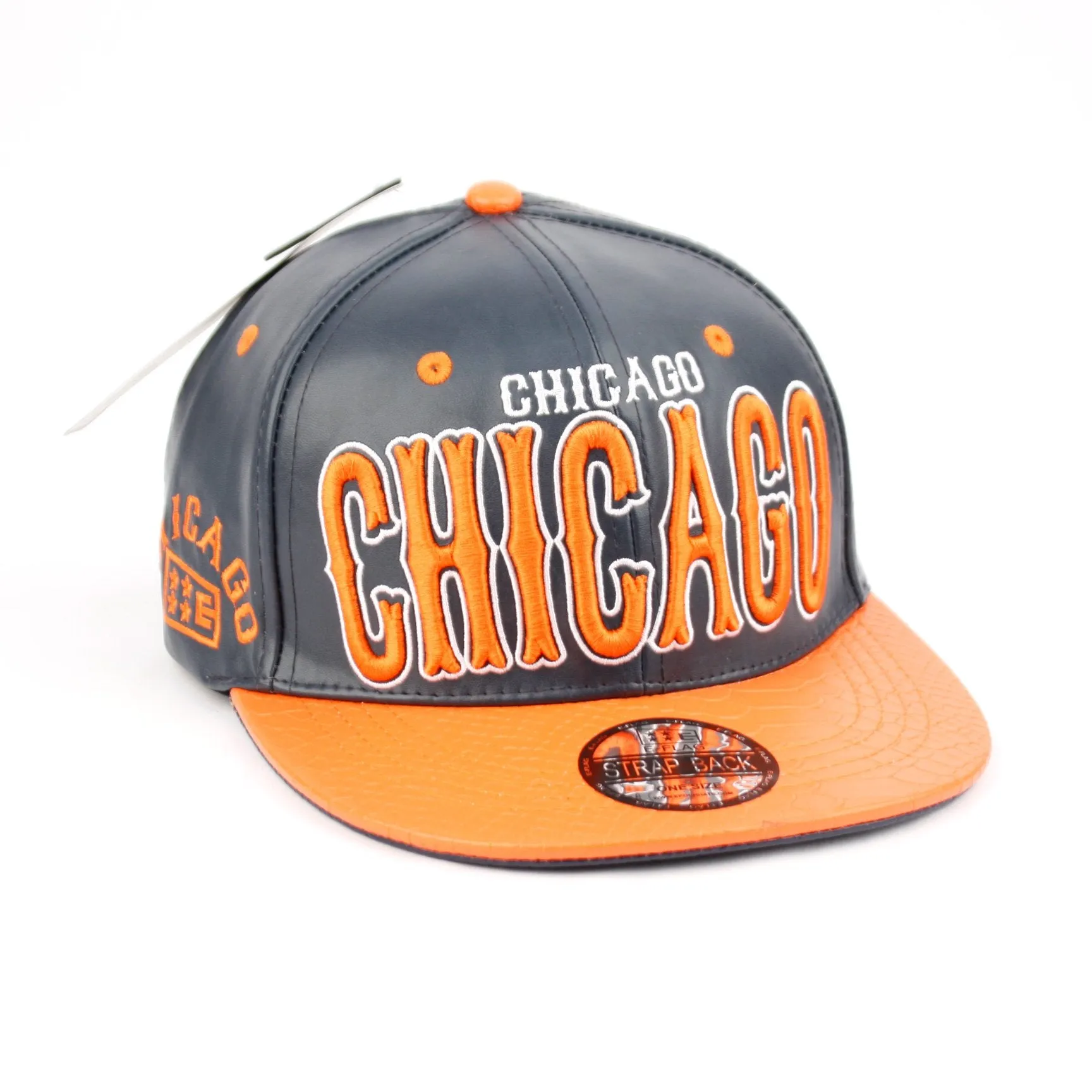 Chicago Faux Leather Baseball City Cap with Snake Faux Leather Flat Brim